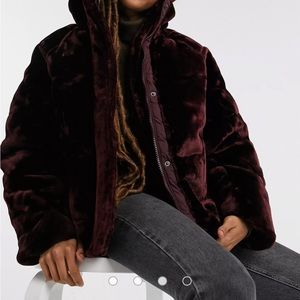 ASOS plush faux fur puffer jacket in burgundy